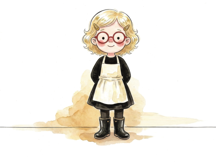 Tilly, a small girl with red glasses, a black dress, and a white apron